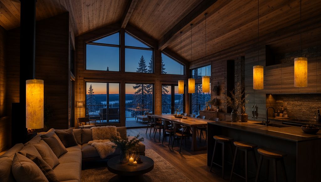 Glowing pendants in a timber cabin at dusk