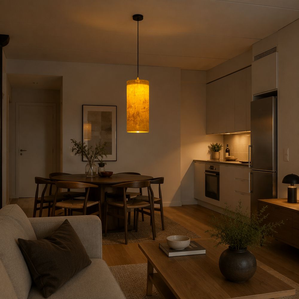 Pendant lit above a dining table in an apartment in the evening