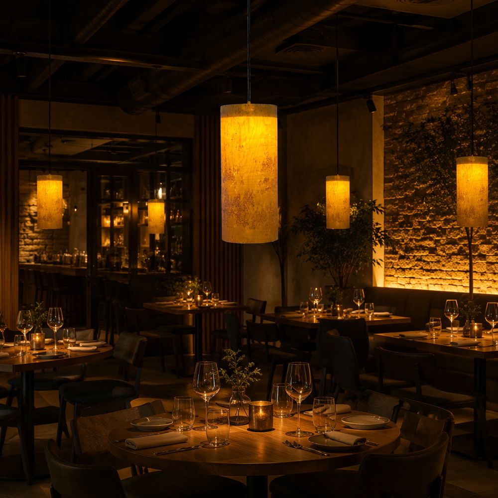 Several pendants lighting a restaurant at night